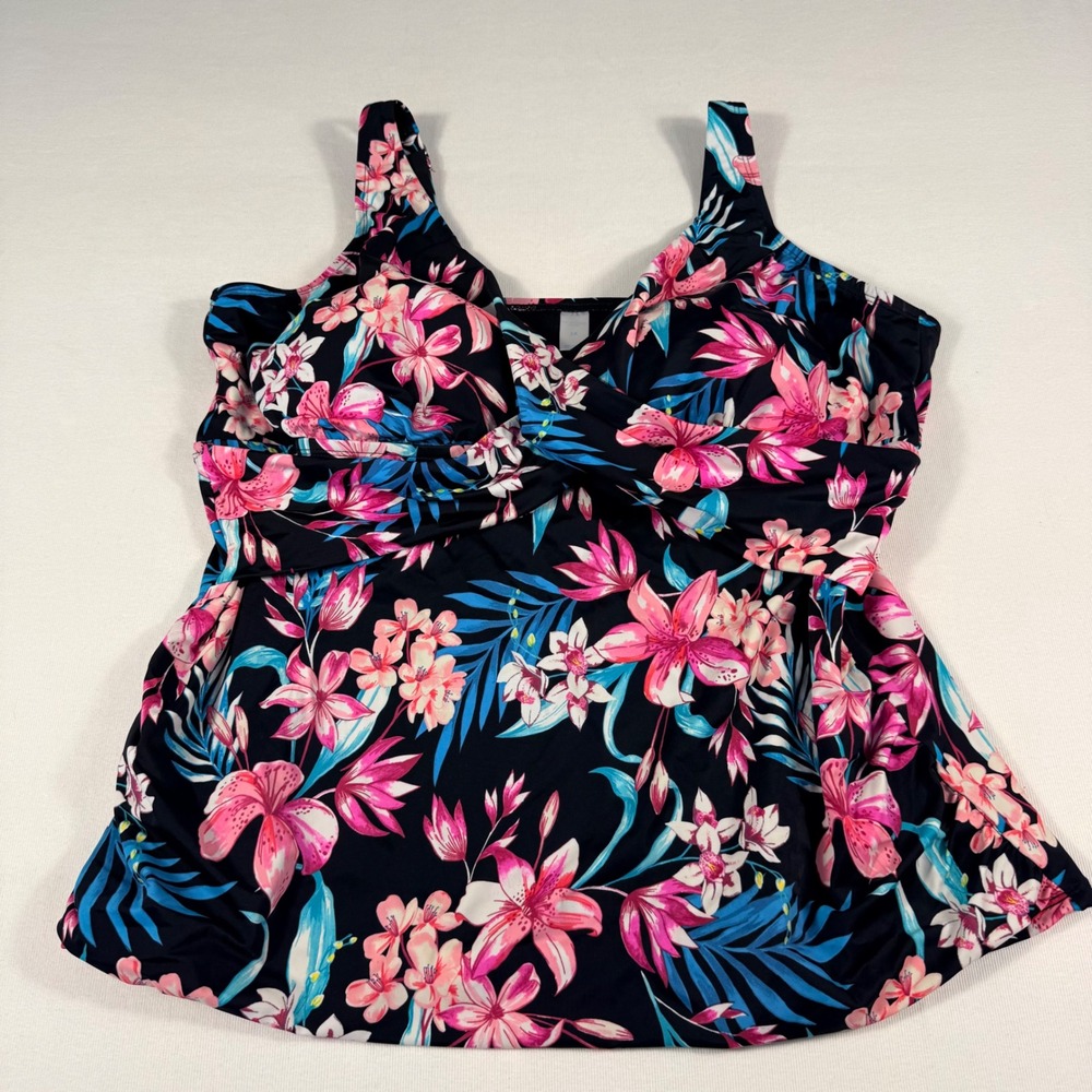 Bal Harbour Swim Tankini Top‎ 2X Black Pink Floral Tropical Twist Front Padded